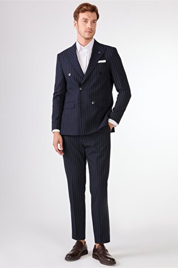 Dufy Navy Blue Striped Double Breasted Slim Fit Suit