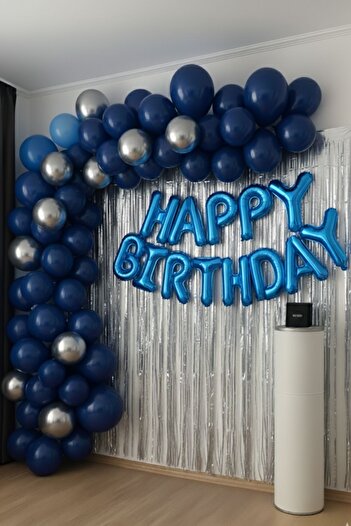 Baloncu Nene Blue Happy Birthday Foil Set Blue Silver Balloon Party Birthday Decoration Set