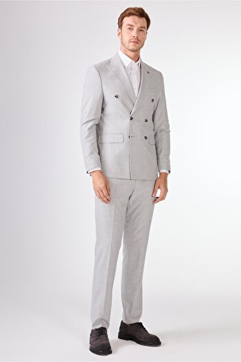 Dufy Light Gray Striped Double Breasted Slim Fit Suit