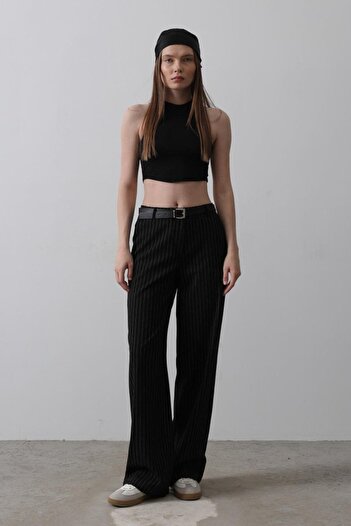 shopivastore Belted Palazzo Trousers - Black-White