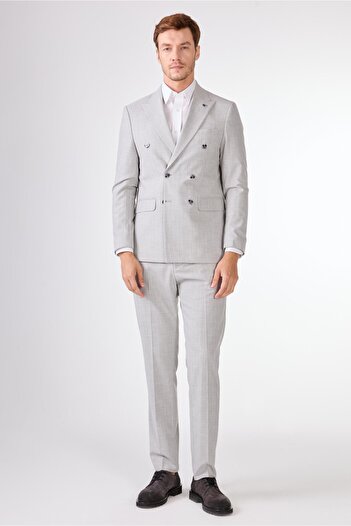 Dufy Light Gray Striped Double Breasted Slim Fit Suit