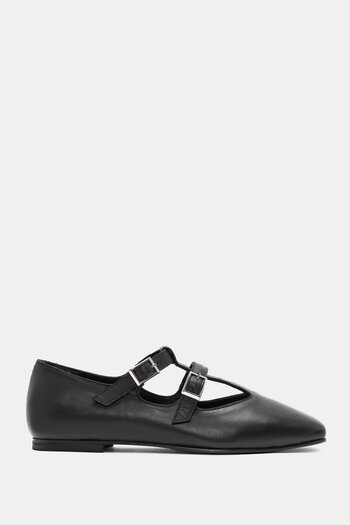 Bestyle Emma Women's Black Genuine Leather Buckle Ballerinas