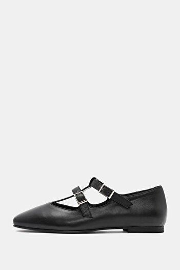Bestyle Emma Women's Black Genuine Leather Buckle Ballerinas