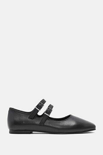 Bestyle Zahia Women's Black Genuine Leather Buckle Ballerinas
