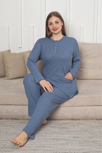embody Pijamale din bumbac pentru femei, set cu bluză și pantaloni lungi, mărime mare 701 albastru