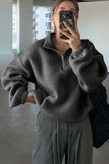 GHASSY CO. Women's Ultra Heat Plush Sherpa Oversize Half Metal Zipper Elastic Adjustable Fleece Sweatshirt