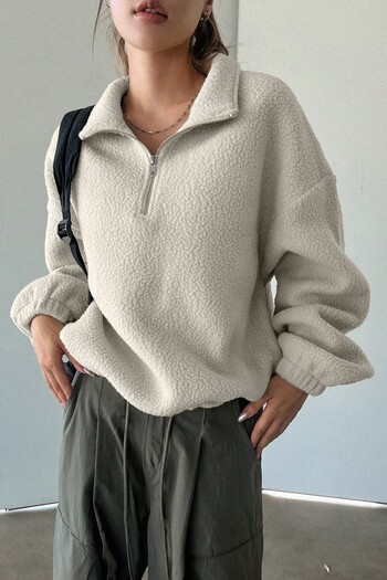 GHASSY CO. Women's Ultra Heat Plush Sherpa Oversize Half Metal Zipper Elastic Adjustable Fleece Sweatshirt