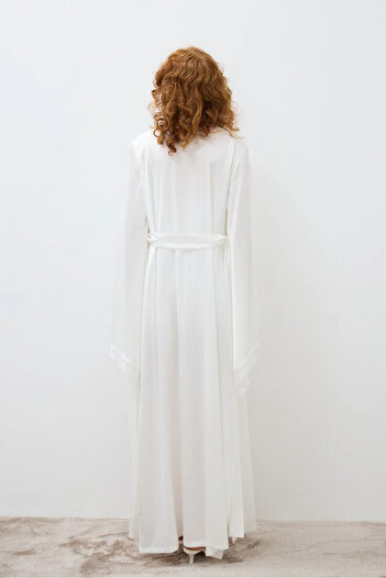 lousa Silky Satin Long Robe with Lace Sleeves