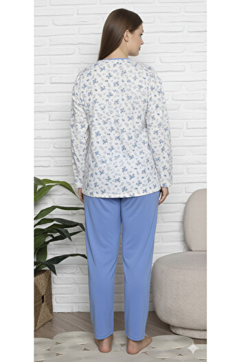 embody Set de pijama confortabil din bumbac, mărime mare, cu bluză și pantaloni, albastru, pentru femei, 16209