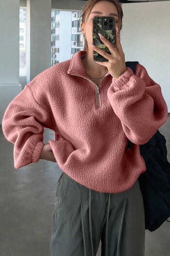 GHASSY CO. Women's Ultra Heat Plush Sherpa Oversize Half Metal Zipper Elastic Adjustable Fleece Sweatshirt