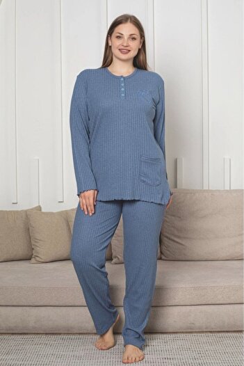 embody Pijamale din bumbac pentru femei, set cu bluză și pantaloni lungi, mărime mare 701 albastru