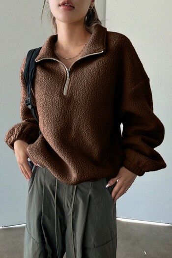 GHASSY CO. Women's Ultra Heat Plush Sherpa Oversize Half Metal Zipper Elastic Adjustable Fleece Sweatshirt