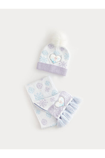 LC Waikiki White Frozen Printed Girl's Scarf and Beanie