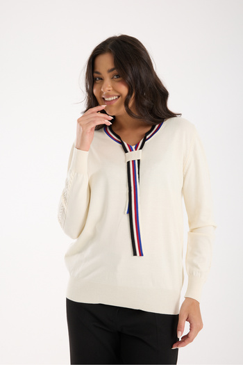 Moda Days Women's Ecru Elite Viscose Fabric Contrast Stripe Crew Neck Knit Blouse