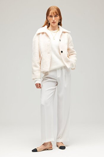 Saade Ecru Women's Feather Oversized Woven Short Coat - Cap Detail