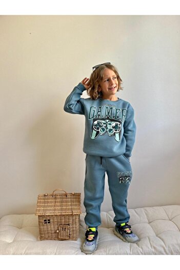 Patriko Winter Season Boys Gamer Game Console Printed 3-Ply Fleece Inside Sweatshirt Tracksuit Bottom Top Set