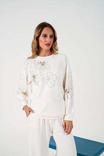 MİA NOURA Women's Front and Sleeves Beaded Embroidered Sweatshirt Set