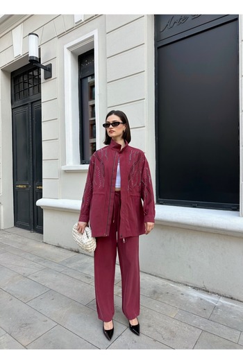 MİA NOURA Women's Front Sleeves with Bead Embroidery Tansel Fabric Bambir Ceken Pant Suit