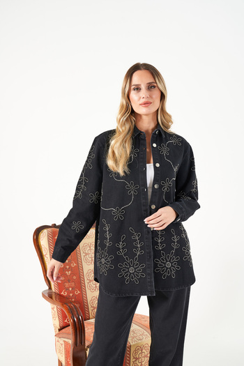 MİA NOURA Women's Oversize Denim Shirt with Beaded Embroidery on the Front and Sleeves