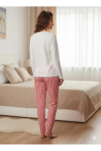 embody Women's Comfortable Cotton Pyjamas, Set with Blouse and Long Pants, white/red 3734