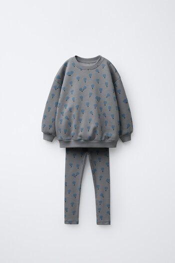 Magu Girls' Cotton Grey Floral Pattern Sweatshirt and Leggings Set - Comfortable Casual Set