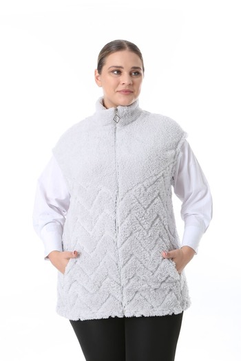 xlargebutik Plus Size Clothing Gray Stand-Up Collar Vest Warm Soft Plush Fleece