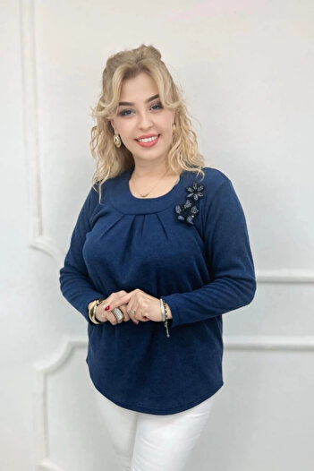 Bİ.GİYSEN Women's Navy Blue Crew Neck Plus Size Pleated Collar Lycra Slim Fit T-Shirt Buluz