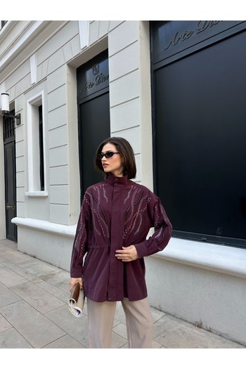 MİA NOURA Women's Front Sleeves with Bead Embroidery on Tansel Fabric Bambir Ceken