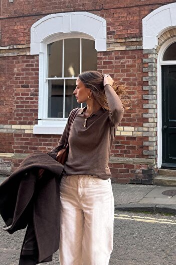 CHUBA Women's Soft Textured Gold Button Polo Neck Knitwear Sweater Brown 25W3012