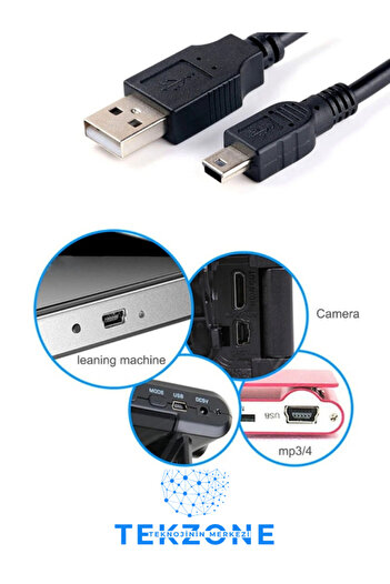 TEKZONE 4575 Mini Usb To Usb Data Şarj Kablosu 5 Pin Mini USB Usb5-Pin 2.0 Erkek A Mini 5 Pin B Piramit Uç