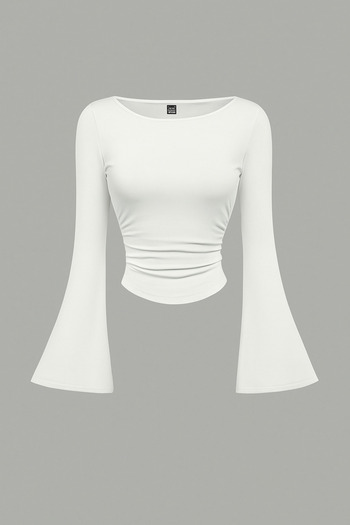 Marin Star White Boat Neck Long Sleeve Spanish Sleeve Blouse, Side Ruched Spanish Sleeve Crop Top