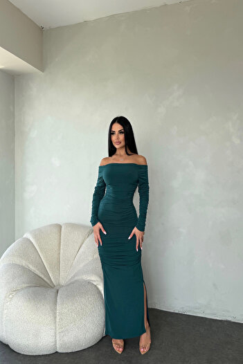 LİLA İSTANBUL Madonna Collar Waist Shoulder Elastic Detail Dress