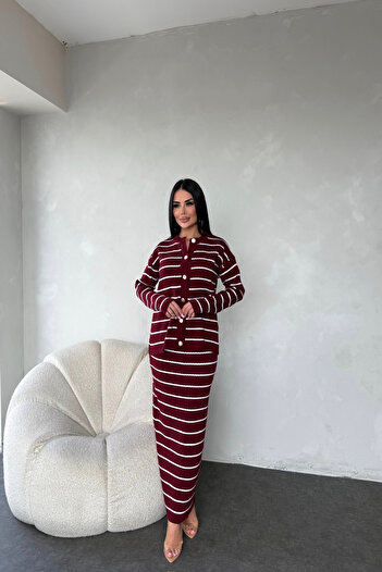 LİLA İSTANBUL Crew Neck Buttoned Front Striped Knit Dress (Standard Size S/M/L/Xl Compatible)