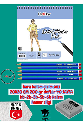 SEYFİKİRTASİYE Chalk Pencil Drawing Set 20X20 cm 200 Gr Notebook 40 Sheets Hb-2B-3B-5B-6B Pencil Dough Eraser