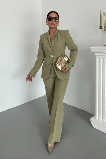 spirituel Women's Two-Piece Suit Stylish Button Detail Stand Collar Blazer Jacket Wide Leg Pants Set