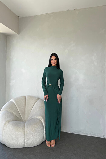LİLA İSTANBUL Crew Neck Waist Buckle Detailed Sandy Dress
