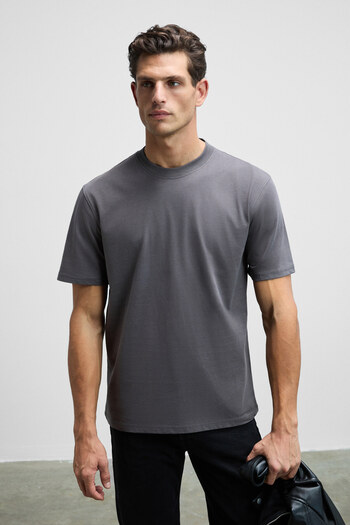 GRIMELANGE Solo Men's 100% Organic Cotton Thick Textured Comfort Fit Crew Neck Anthracite T-Shirt