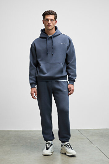 GRIMELANGE Ανδρικό σετ αθλητικής φόρμας MARSHALLHOODIE από βαμβακερό φλις με κέντημα σε χαλαρό σκούρο γκρι χρώμα