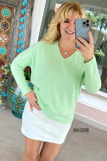 İnce Topuk V-Neck Batwing Sleeve Soft Knit Blouse 6K068