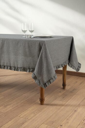 Denizli Concept Black Tablecloth with Ruffled Edges - Selendi Soft Color - Cotton 150X220Cm