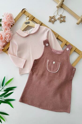 Minigimin Cicileri My Little One's Cicileri Strawberry Button Detailed Houndstooth Patterned 2-Piece Jileli Set - Dusty Rose