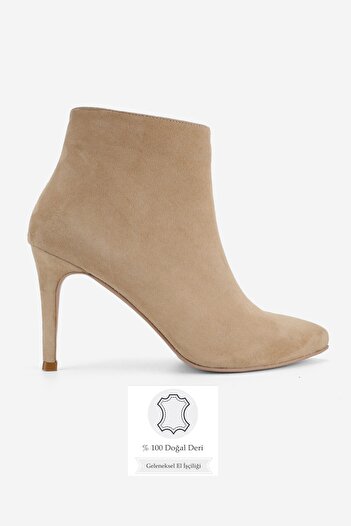 TUNAELLİ Women's Beige Suede Genuine Natural Leather Size 35-40 Thin Heel Pointed Toe Boots & Booties