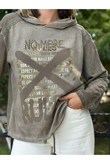 Punta Otantik Nc59085 Italian Letter Print Sleeve Studded Hooded Sweatshirt Mink