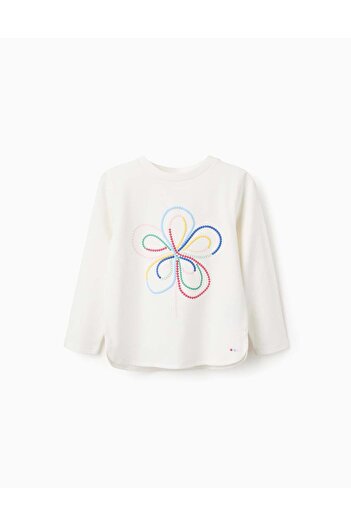 Ziddy Long Sleeve T-shirt with Embossed Print for Girls, White