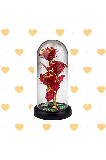 velve Handcrafted roses in glass dome, with decorative leaves on black tabletop, LED, 21x11, Cherry