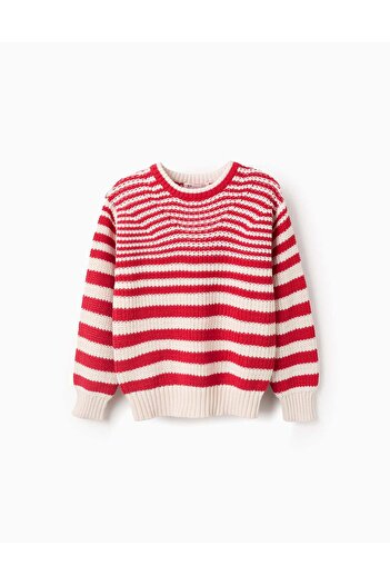 Ziddy Cotton Striped Jumper for Girls, Beige/Red