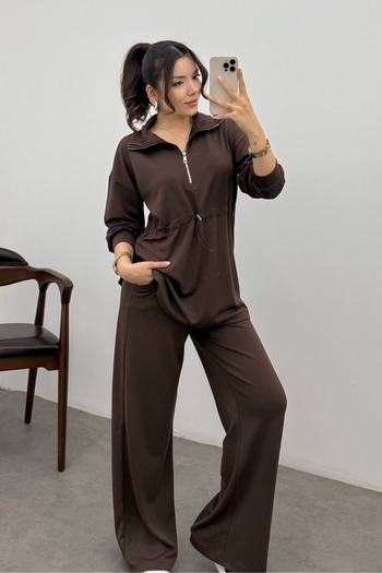Ladima Women's Brown Elastic Waist Zippered Modal Sweat Suit