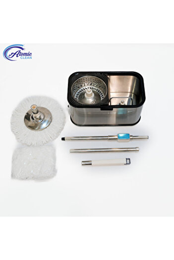 NO BRAND Stainless Steel Spin Mop and Bucket Set, Adjustable Pole, F7, Silver