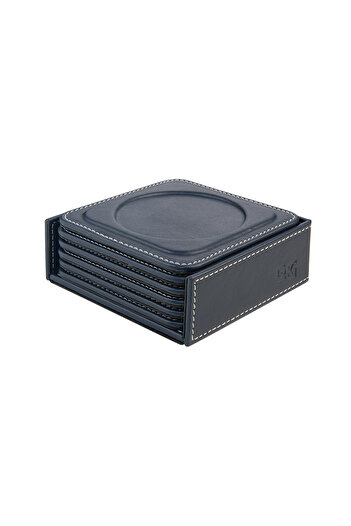 2K Coasters, Set of 6, Desktop Round Cup Coaster, Vegan Faux Leather, 11X11 Cm., Navy Blue