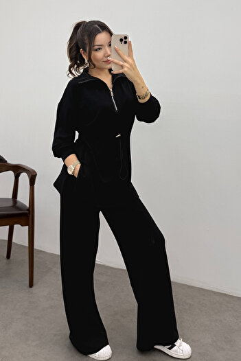 Ladima Women's Black Elastic Waist Zippered Modal Sweat Suit